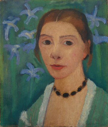Autorretrato con fondo verde e iris azules, Paula Modersohn-Becker, c. 1905
