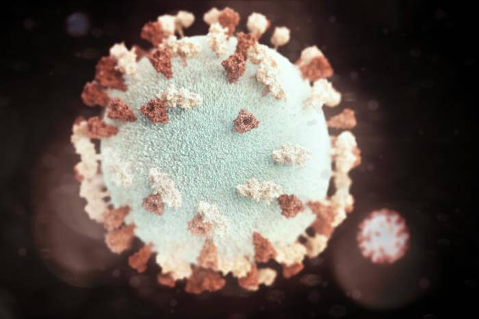 Esta ilustración proporcionó una representación gráfica en 3D de una partícula del virus de las paperas de forma esférica, que estaba tachonada con tubérculos de glicoproteína. Los tacos, coloreados de color marrón rojizo, se conocen como proteínas F (fusión), y los de color beige, se denominan proteínas HN (hemaglutinina-neuraminidasa).