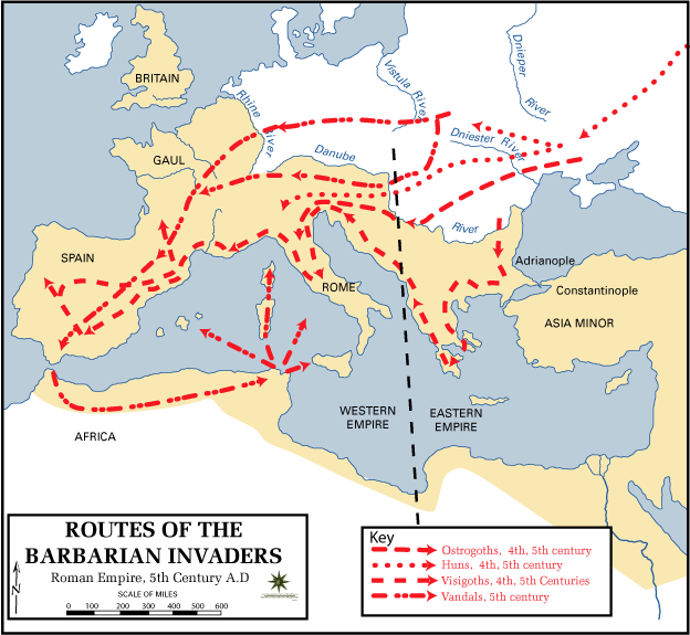Rutas de las invasiones bárbaras de los siglos IV-V.